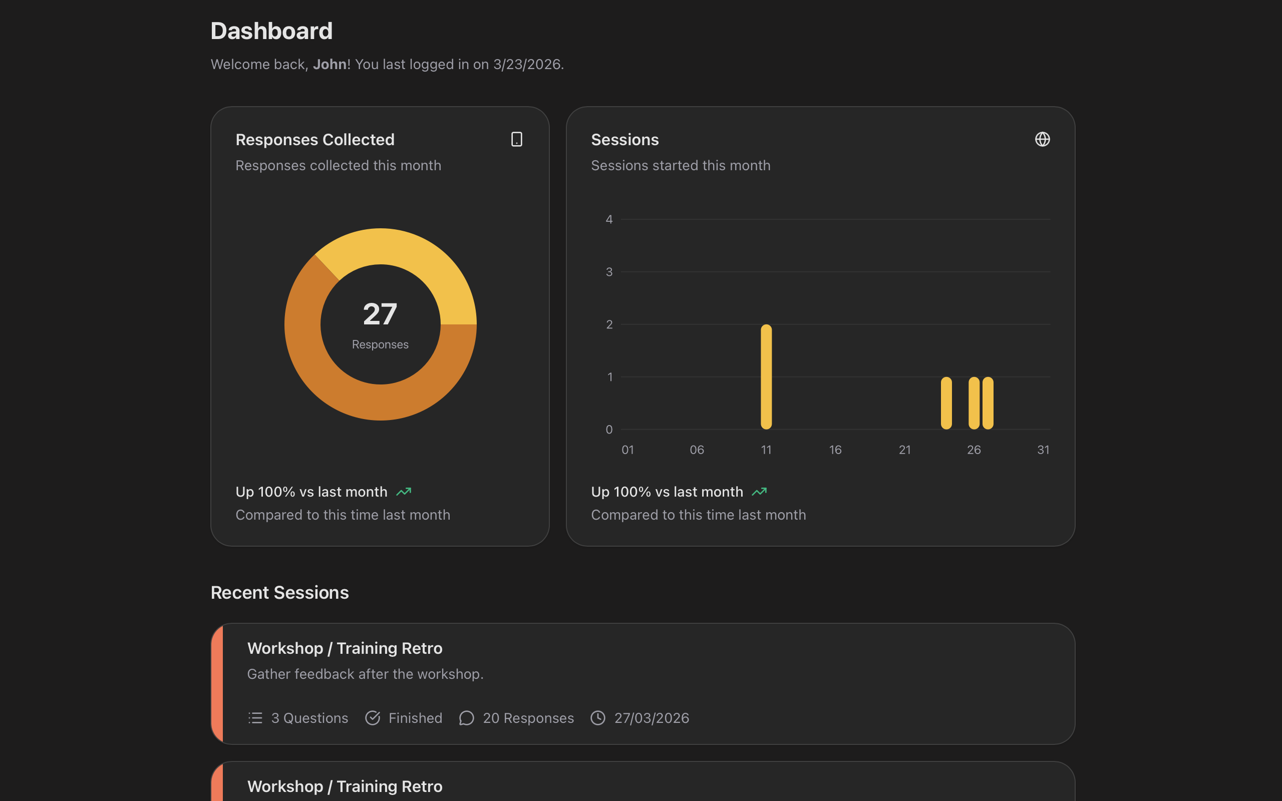 QuickBack dashboard showing response stats and recent sessions